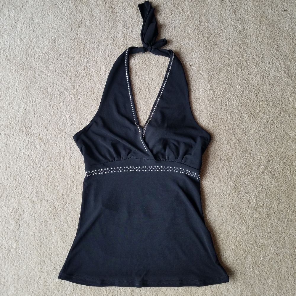 Sexy Black Fitted Halter Rhinestone Embellished Wrap Top from London